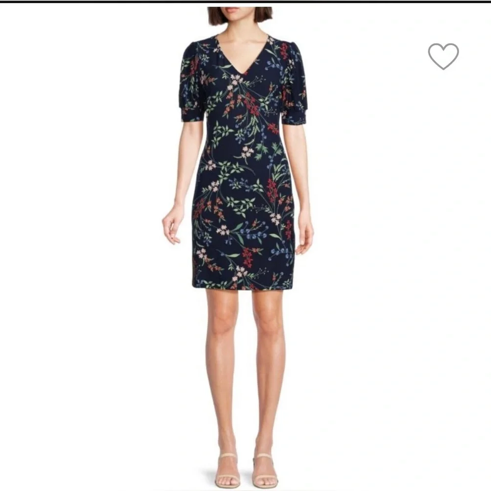 Tommy Hilfiger A-Line Dress 10 NWT Navy Blue Dark Floral Stretch Puff Sleeve - Picture 4 of 9